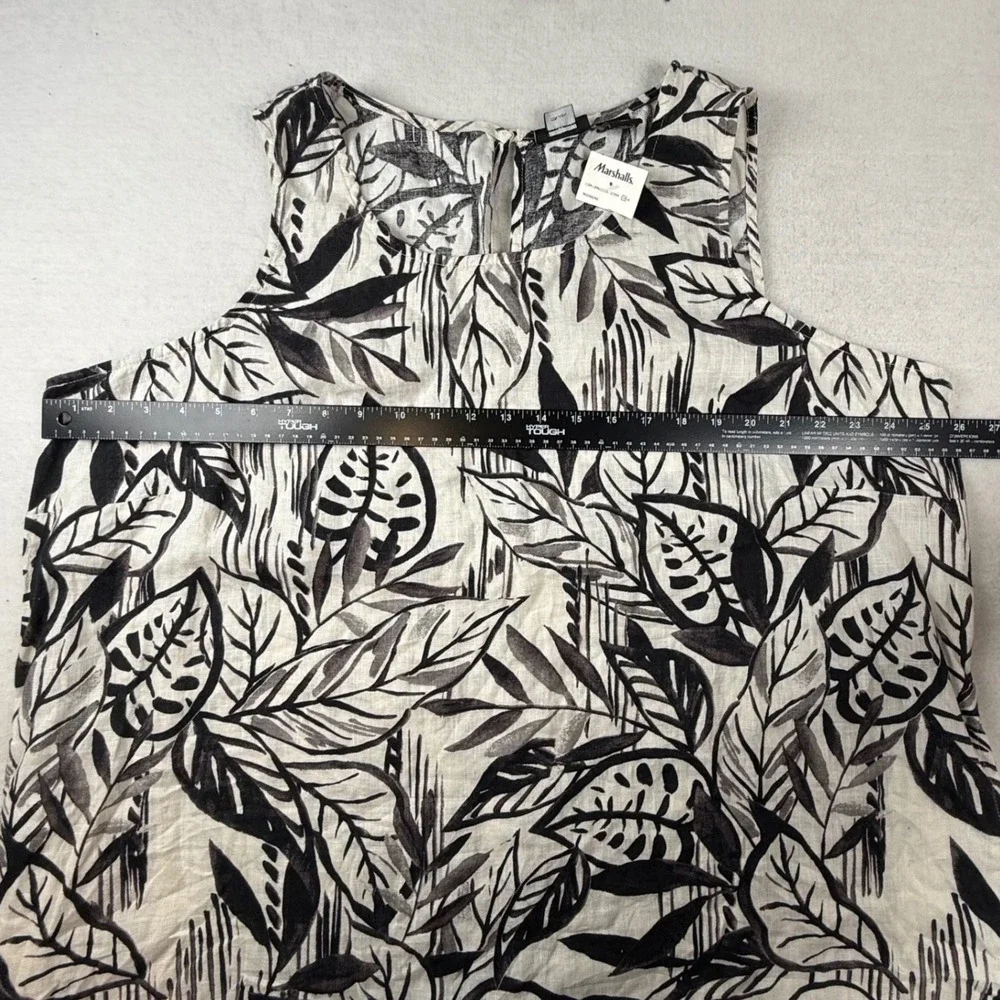 Tahari Womens 2X Black White Tropical Leaf Print 100% Linen Sleeveless Dress - Picture 3 of 8